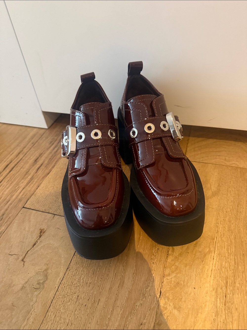 Larroude Burgundy Patent Platform Loafers with Silver Hardware